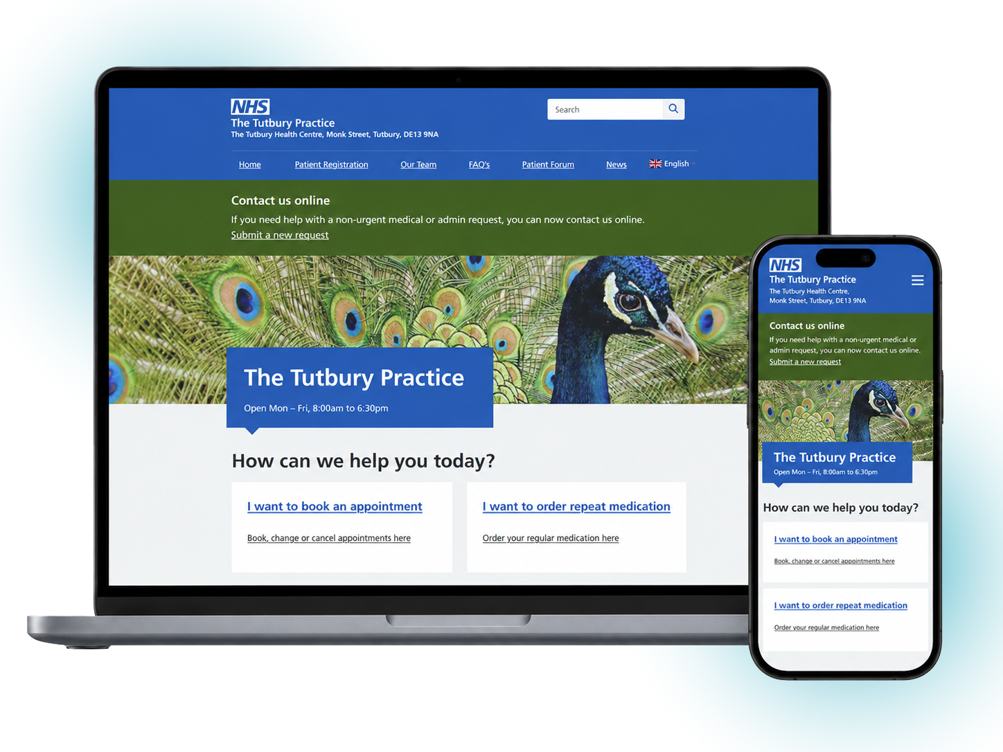 Example of an accessible GP practice website displayed on a laptop and mobile phone