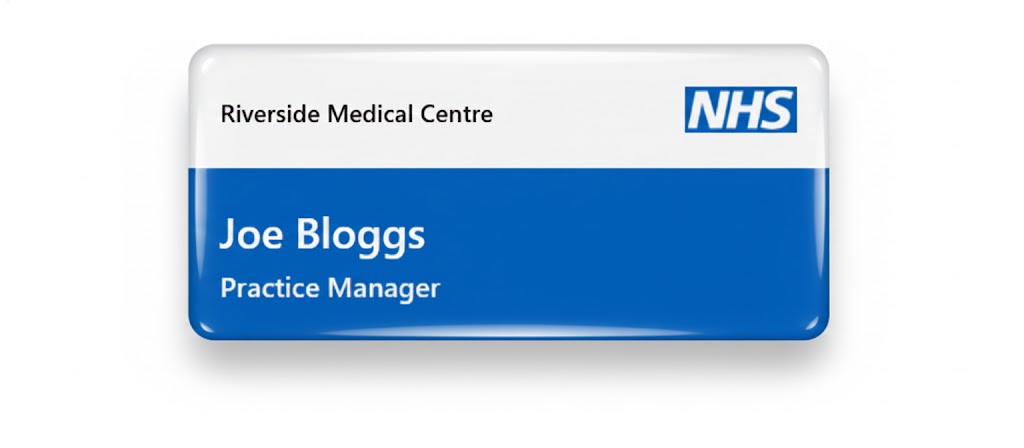 Blue personalised Practice Manager name badge