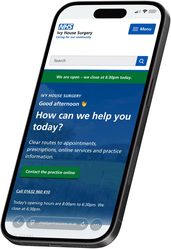 GP practice website shown on a mobile phone, with opening information displayed in a prominent patient bar
