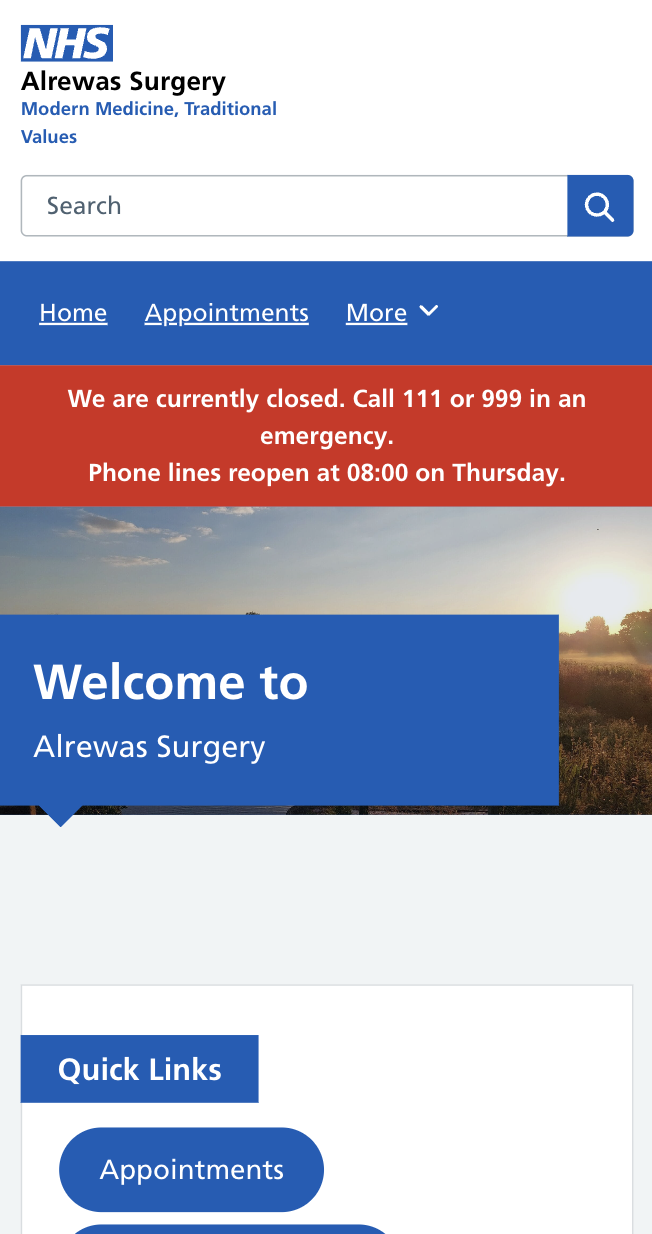 Example of a responsive GP practice website displayed on a mobile phone